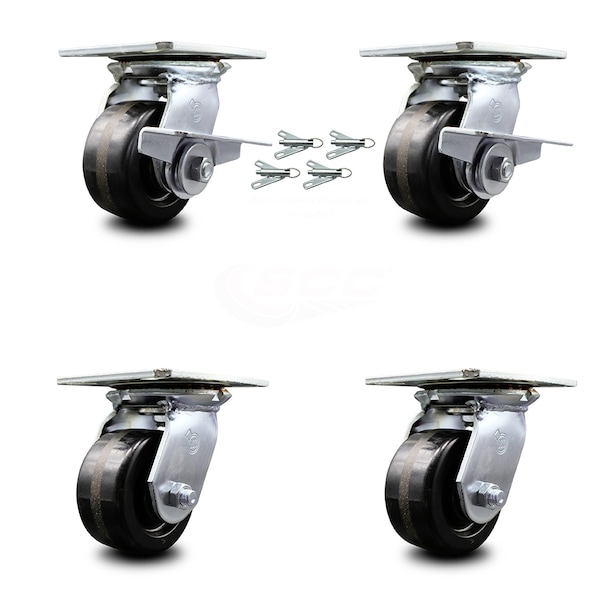 Service Caster 4 Inch Phenolic Caster Set with Roller Bearing 4 Swivel Lock and 2 Brake SCC SCC-35S420-PHR-SLB-BSL-2-BSL-2 - main